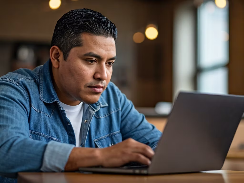 Man in a denim jacket working on a laptop at a desk.