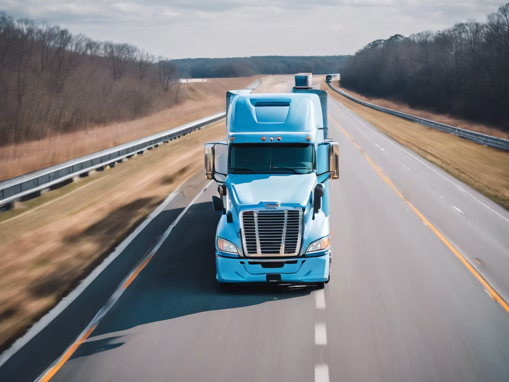 Blue semi-truck driving on a highway.