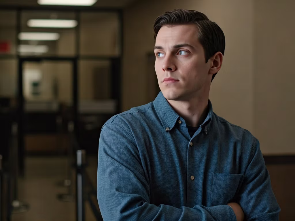 Young man in a blue shirt looking to the side in an office.