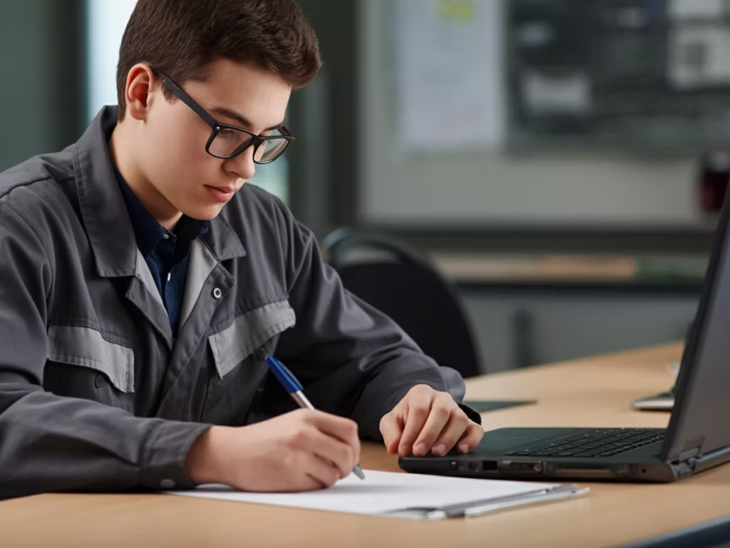 Young man wearing glasses writing notes beside a laptop at a desk.