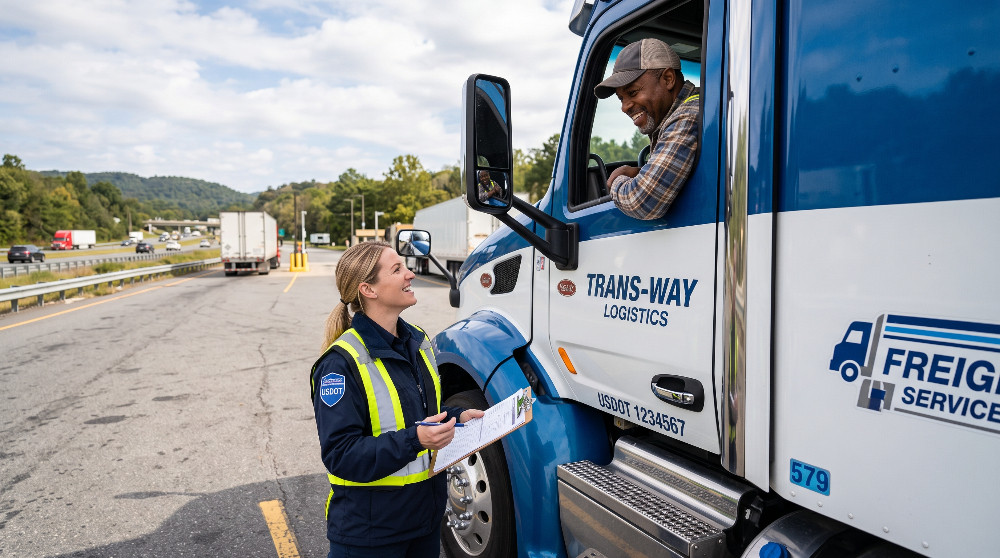 Logistics inspector in a high-visibility vest reviewing paperwork with a truck driver seated in a blue semi-truck cab at a transport facility.