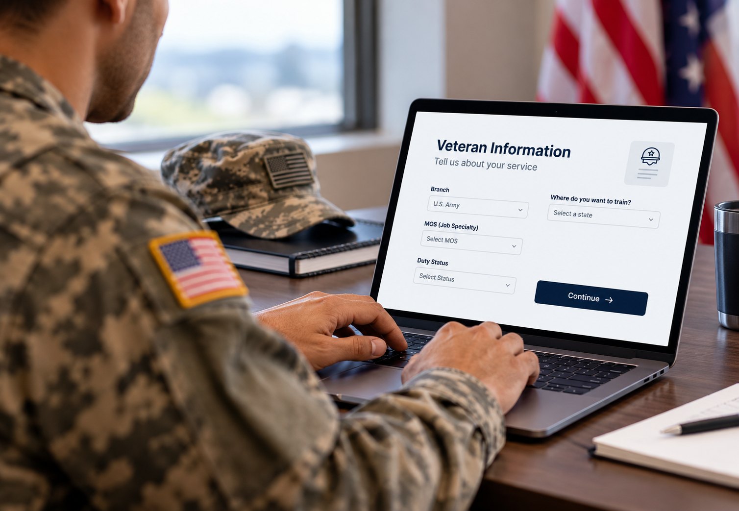 Veteran entering military service information on a laptop to begin CDL training enrollment.