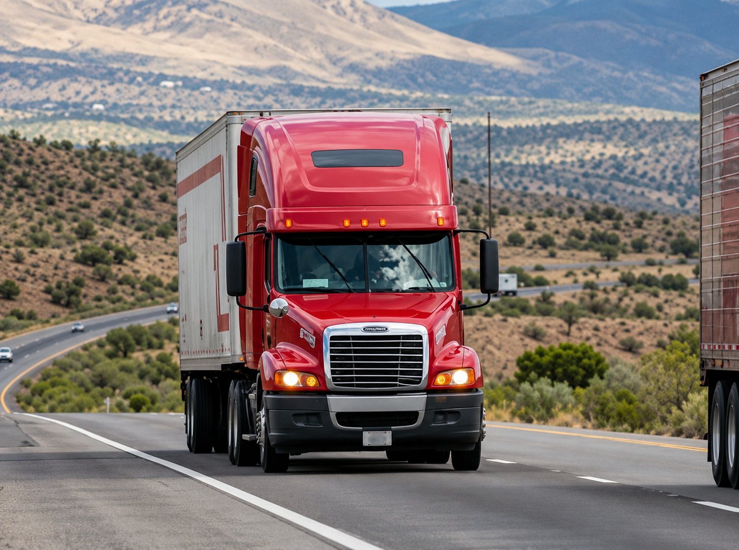 Red semi-truck with a white trailer driving along a highway through a mountainous landscape.