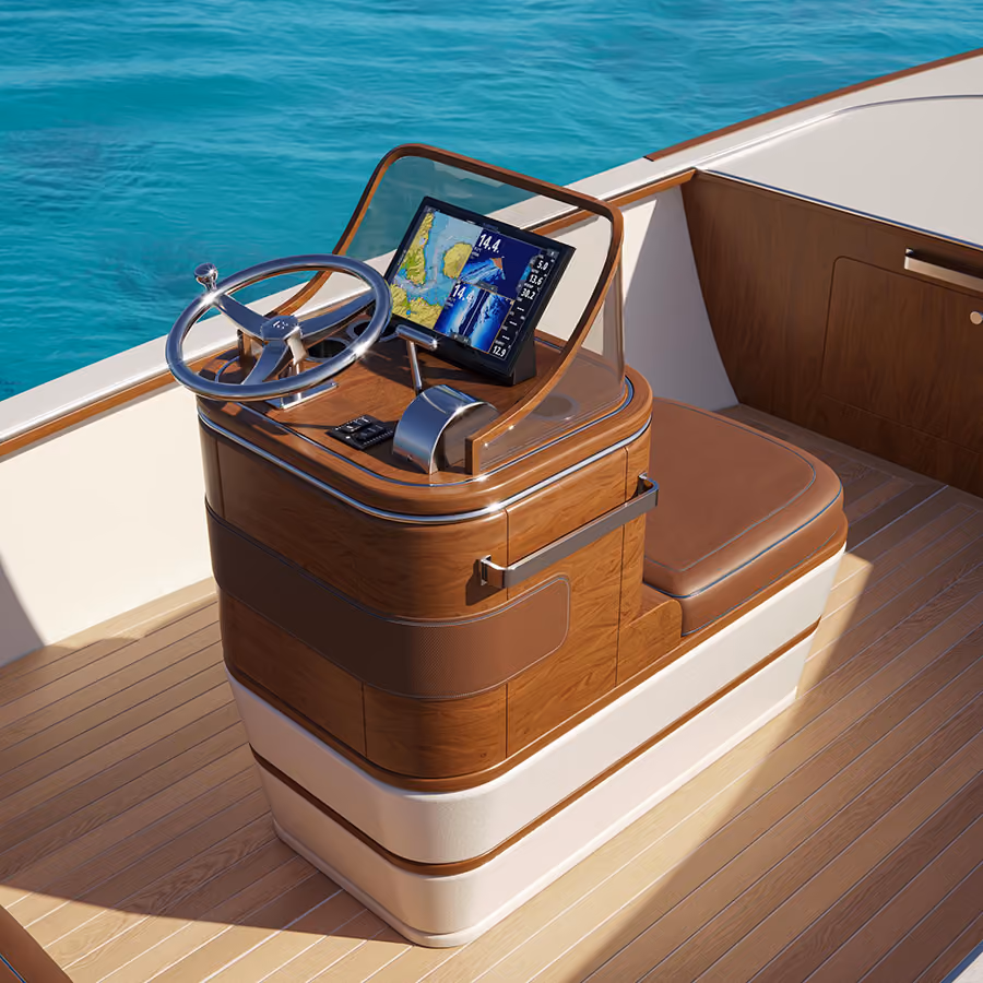 steering wheel and seat on luxury fishing boat