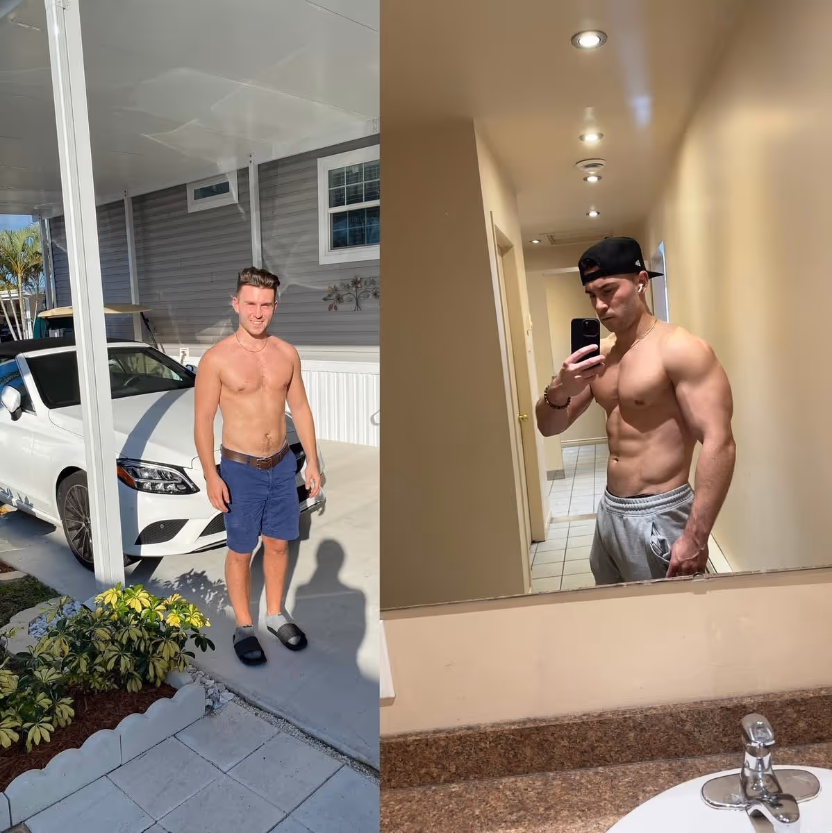 Transformation d'un jeune homme passant d'un corps en forme à un corps très musclé et athlétique
