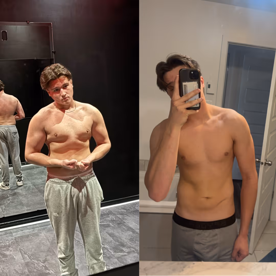 Transformation spectaculaire d'un jeune homme gras à un corps mince et musclé.