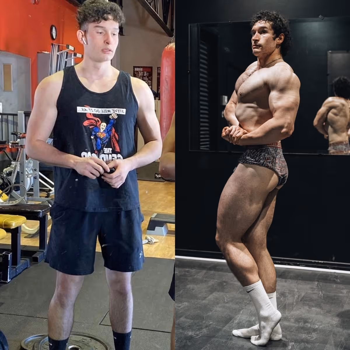 Transformation d'un jeune homme. Il passe d'un corps normal à un corps extrèmement musclé