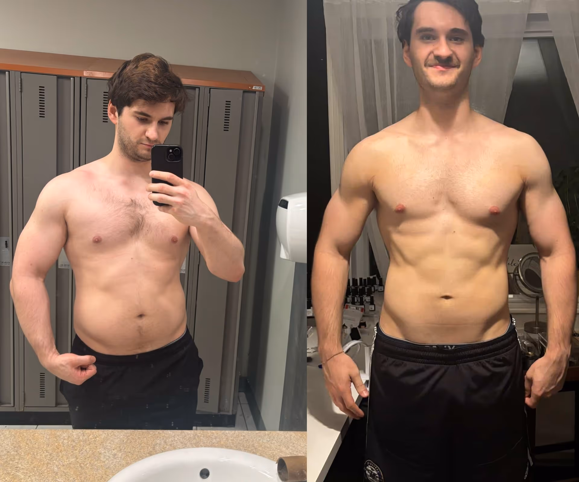 Transformation d'un homme gras à musclé. Son visage met en lumière une joie émotionnel et sa réussite interieur après de long efforts