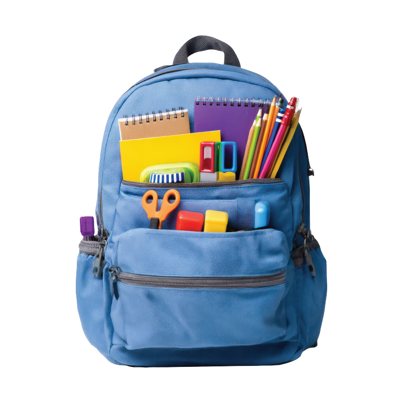 A blue backpack packed with school supplies