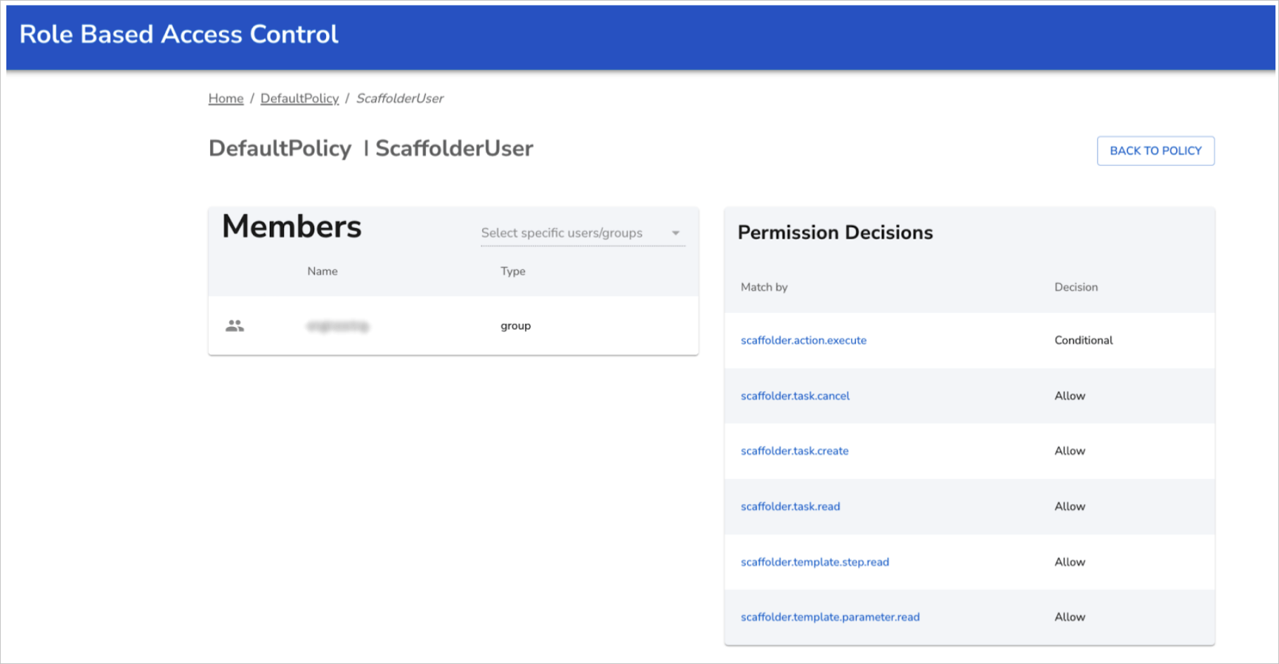 Screenshot of the RBAC plugin showing members and permissions for the DefaultPolicy