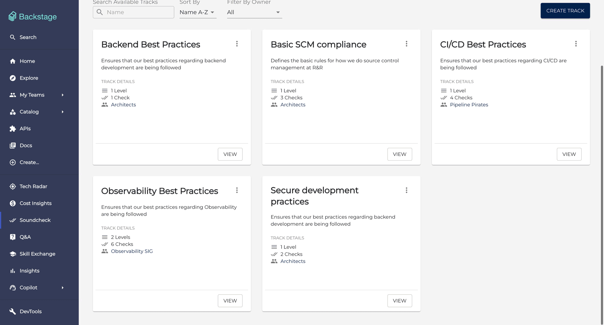 Soundcheck plugin displaying best practices goals for backend, basic SCM compliance, CI/CD, observability and secure development