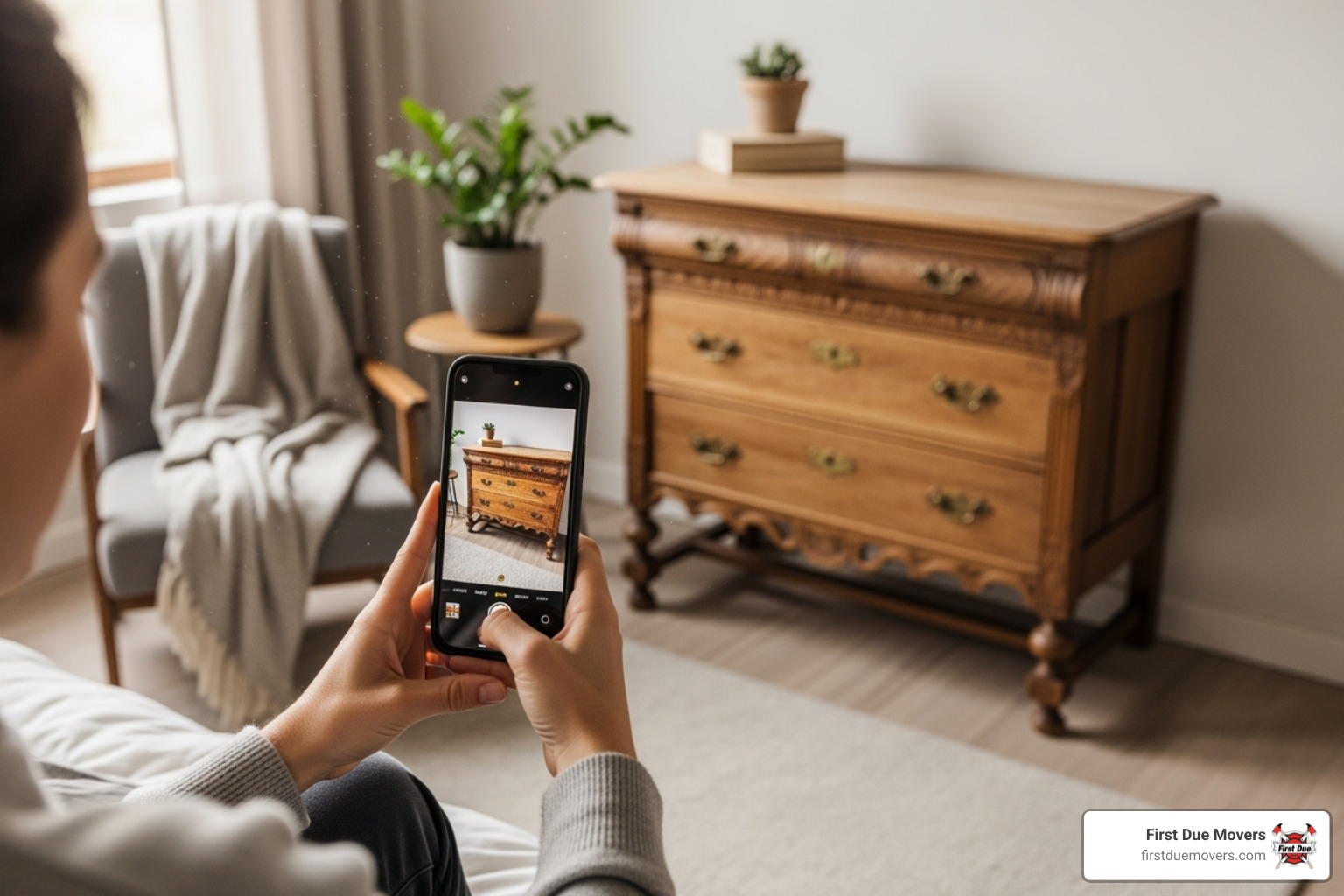 A person taking a photo of an antique dresser before a move, documenting its condition - high-end furniture & large item moves assistance in issaquah wa