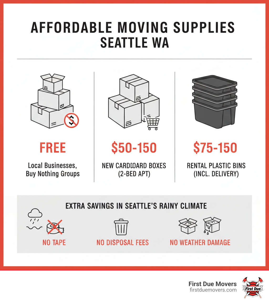 Infographic showing comparison of moving supply costs: free boxes from local businesses ($0), purchasing new cardboard boxes ($50-150 for 2-bedroom apartment), and renting reusable plastic bins ($75-150 with delivery included). Additional cost savings shown for avoiding tape, disposal fees, and replacement boxes due to weather damage in Seattle. - affordable moving supplies in seattle wa infographic