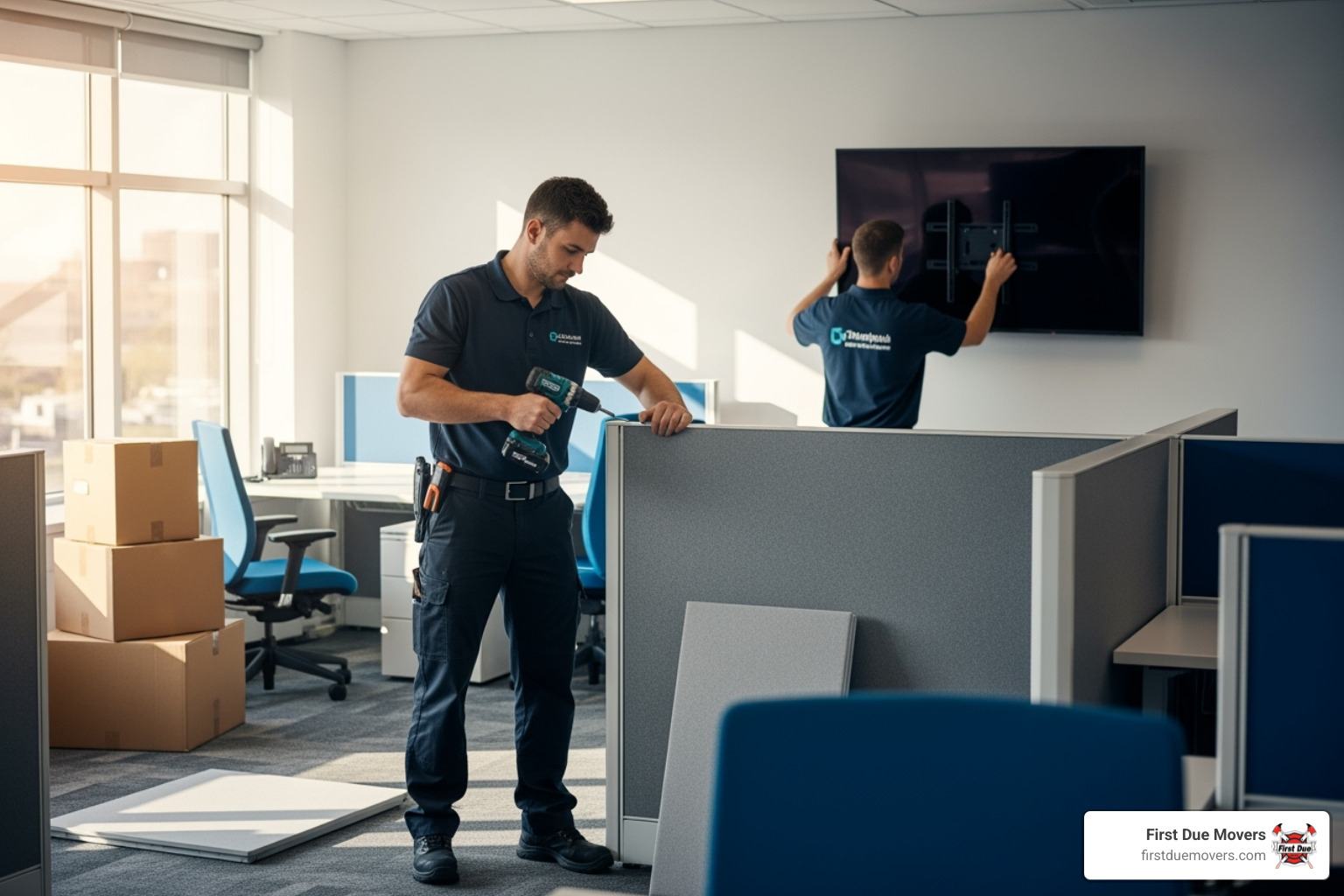 professional movers installing office cubicles or mounting a large screen in an office - residential commercial moving installation in preston, wa