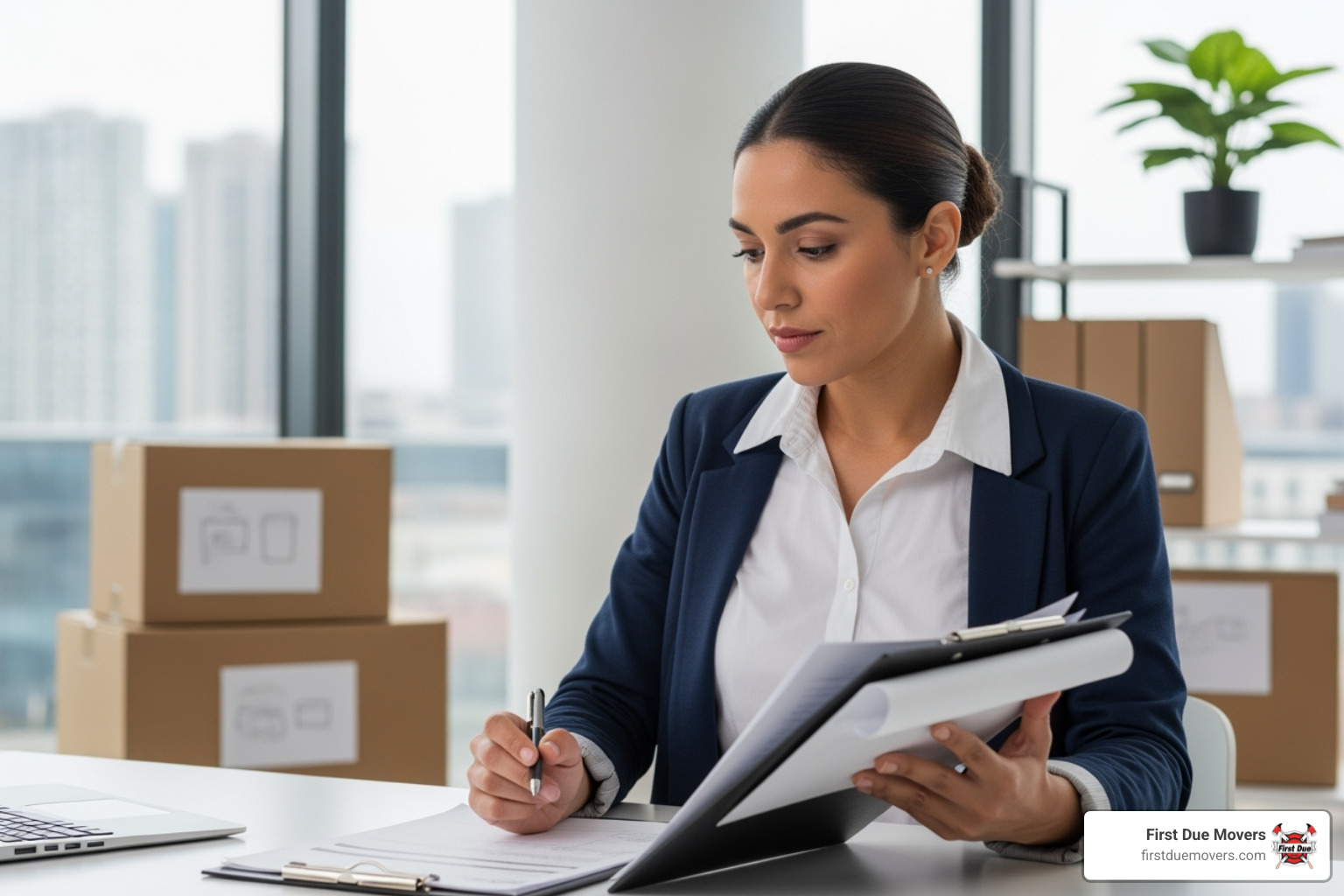 moving coordinator with a clipboard planning a move in an office setting - residential commercial moving installation in preston, wa