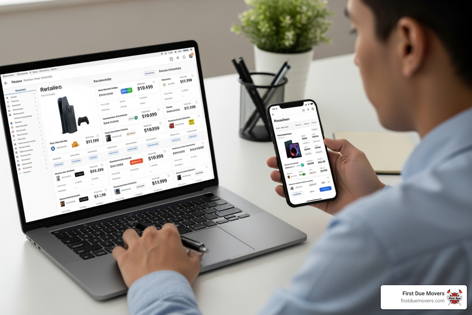 person comparing prices on a phone and laptop - affordable on-demand delivery in issaquah wa