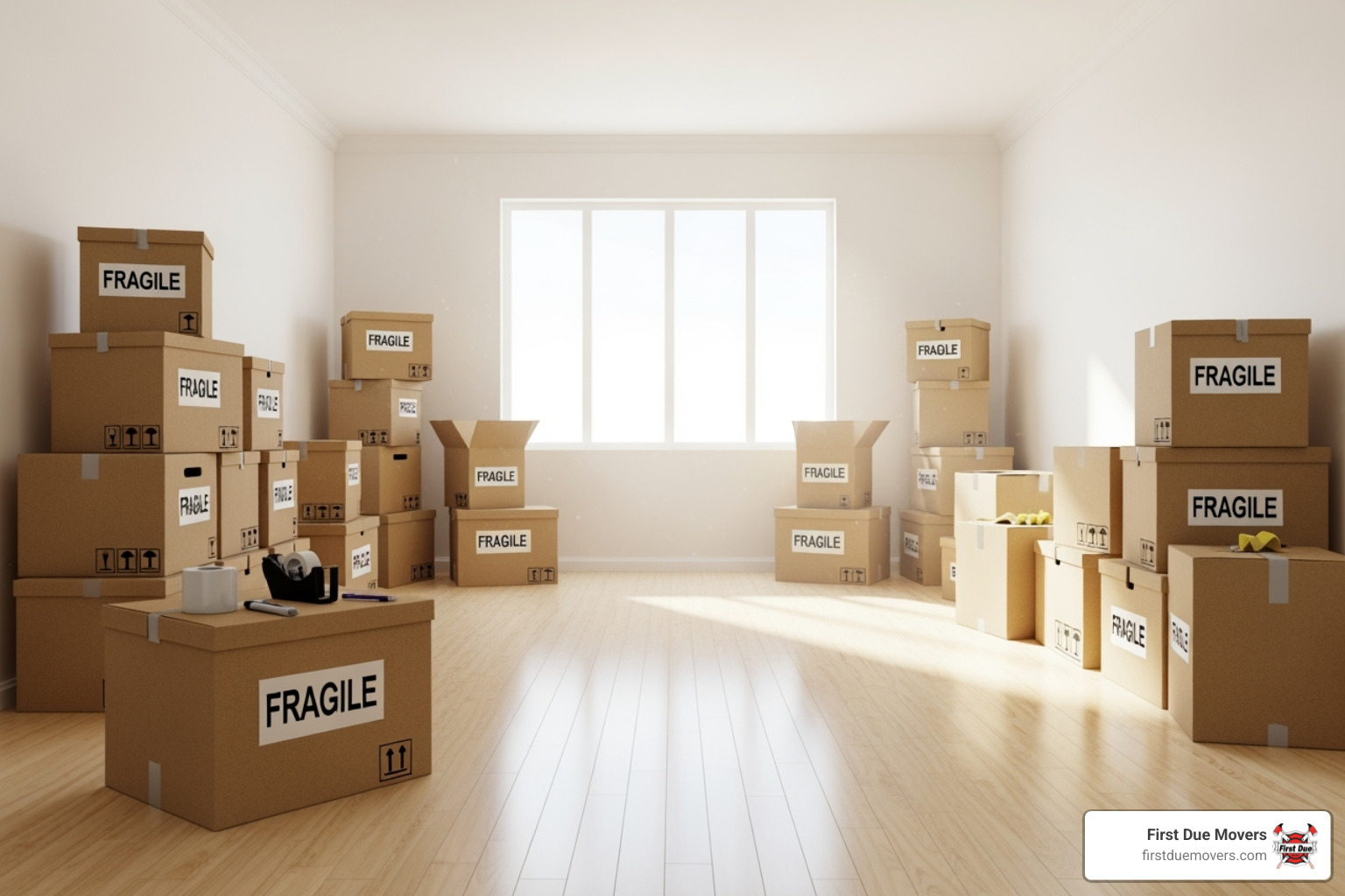 well-organized room with labeled moving boxes - movers