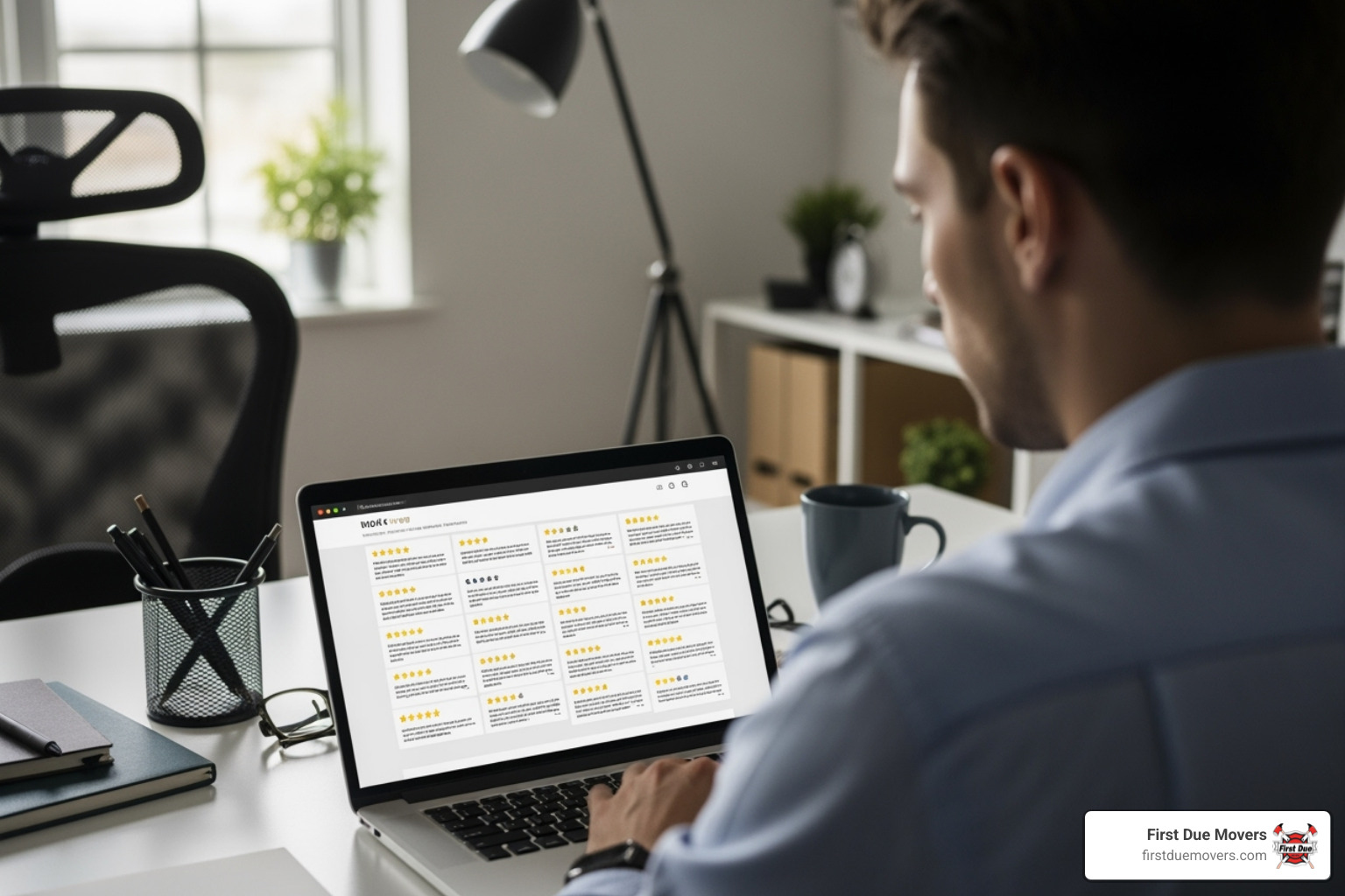 person reading online reviews on a laptop - movers