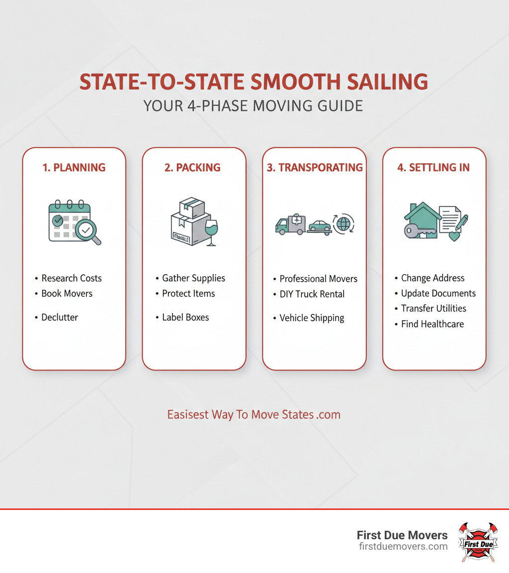 infographic showing four key phases of an out-of-state move: Phase 1 Planning includes researching costs, booking movers, and decluttering; Phase 2 Packing includes gathering supplies, protecting fragile items, and labeling boxes; Phase 3 Transporting includes professional movers or DIY truck rental and vehicle shipping; Phase 4 Settling In includes changing address, updating documents, transferring utilities, and finding new healthcare providers - easiest way to move states infographic 