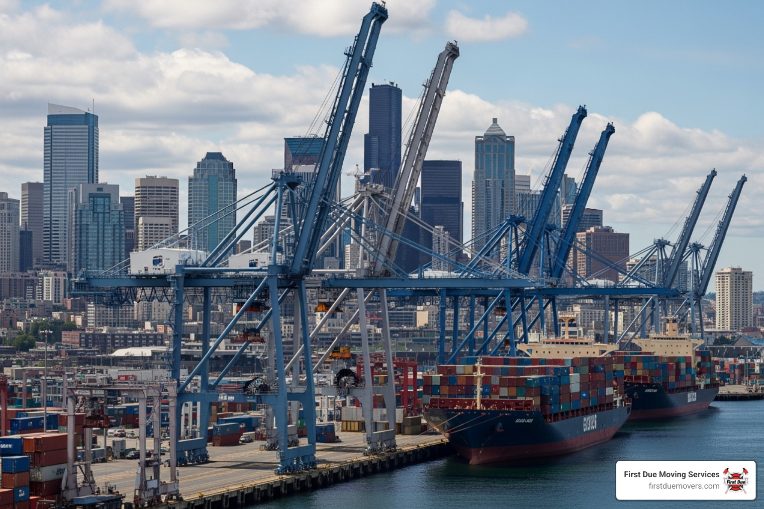Seattle skyline with port cranes in the foreground, symbolizing its role as a major logistics hub - 3pl warehouse seattle