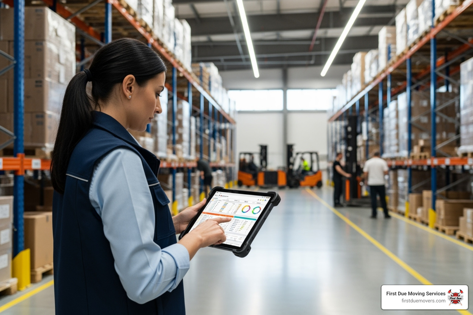 A logistics manager using a tablet to view inventory data in a modern warehouse setting, showcasing technology's role - 3pl warehouse seattle