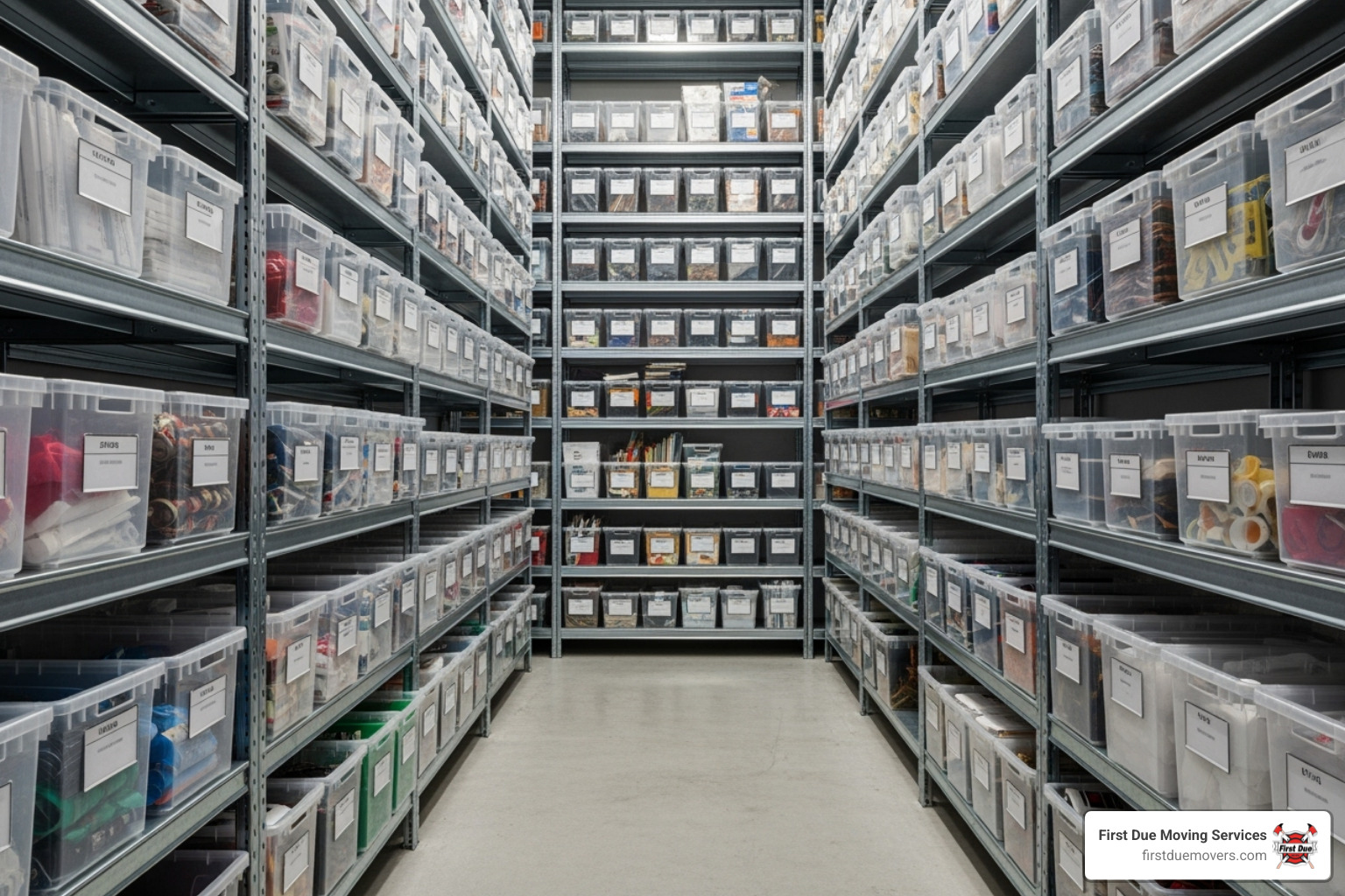 A perfectly organized storage unit with labeled clear bins on sturdy shelves and a clear aisle - Business storage solutions
