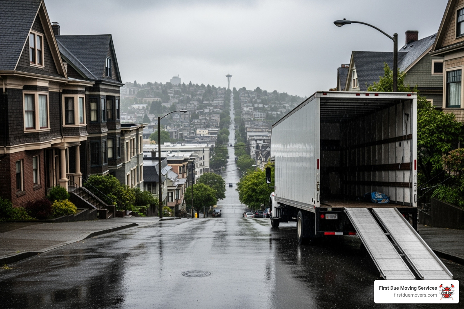 A moving truck parked on a typical hilly Seattle street, with light rain - cheap movers seattle