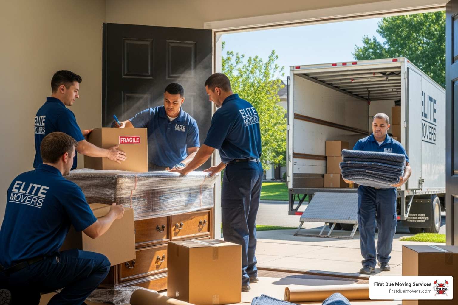 First Due Moving Services team packing boxes, loading a truck, and providing specialty moving services - cross country movers