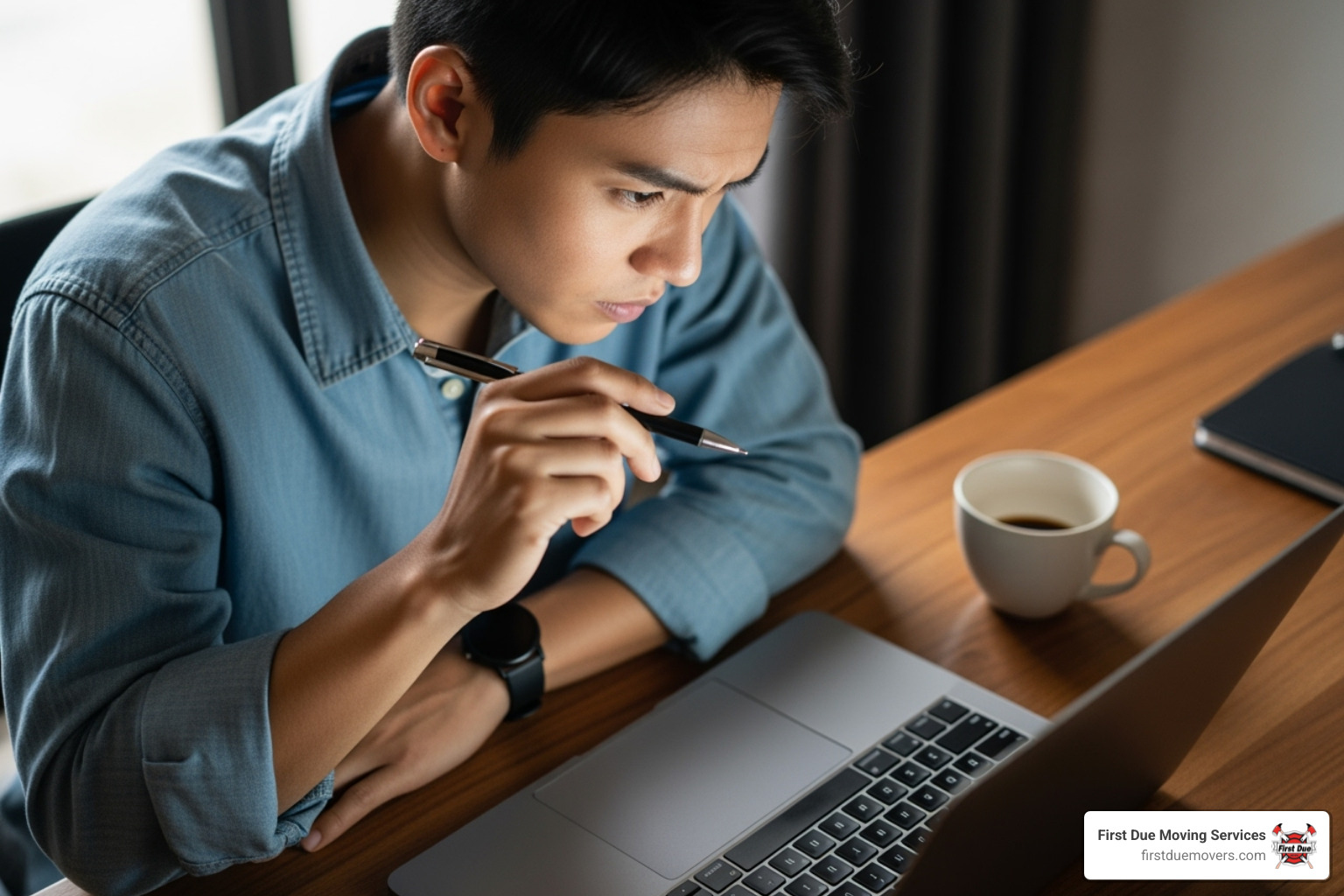 person checking First Due Moving Services' credentials on a laptop - cross country movers