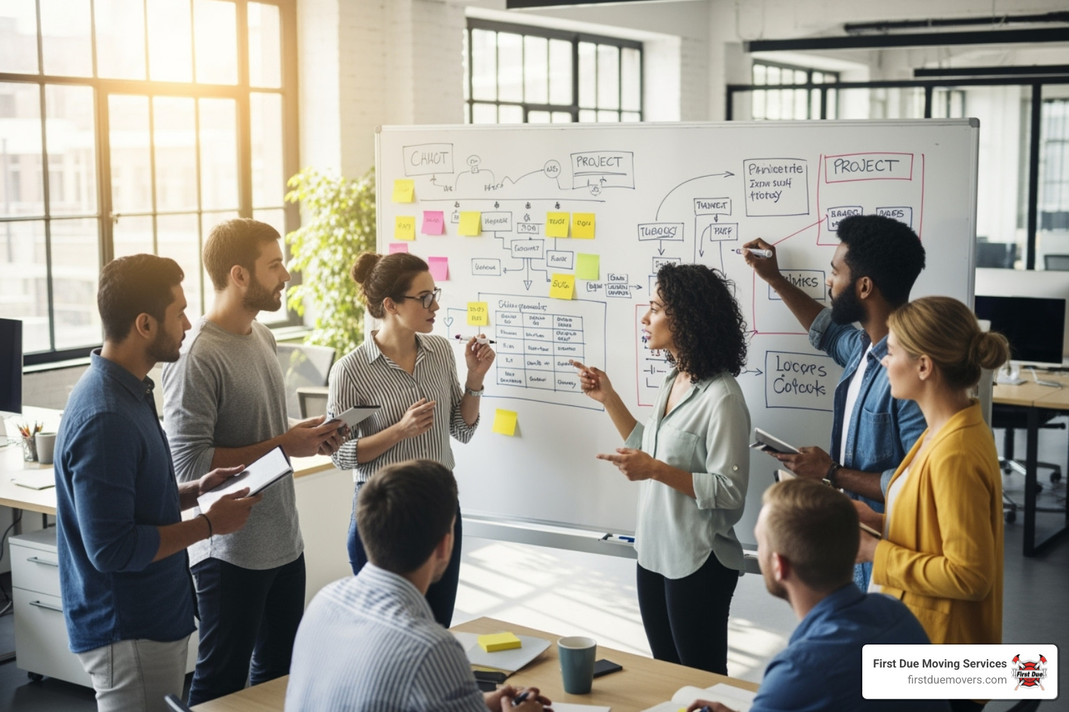 project team planning around a whiteboard - Data center relocation
