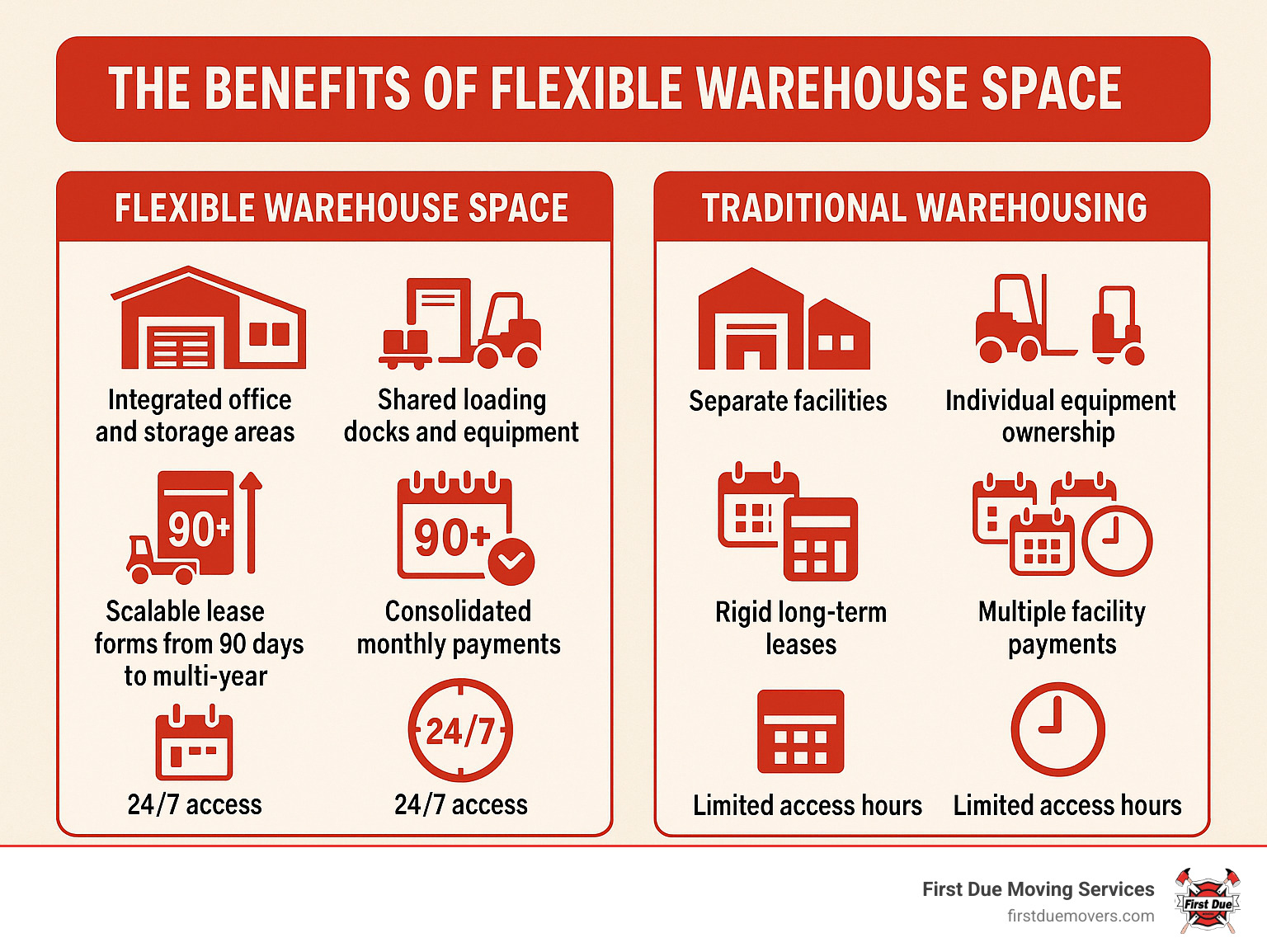 Infographic comparing flexible warehouse space benefits: integrated office and storage areas, shared loading docks and equipment, scalable lease terms from 90 days to multi-year, consolidated monthly payments, and 24/7 access versus traditional warehousing with separate facilities, individual equipment ownership, rigid long-term leases, multiple facility payments, and limited access hours - flexible warehouse space infographic