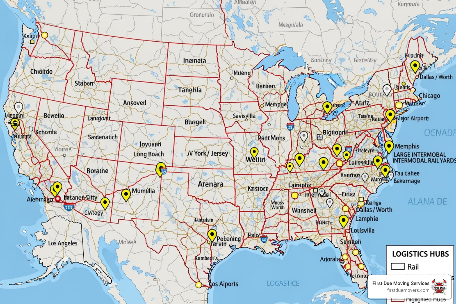 map highlighting key logistics hubs - flexible warehouse space