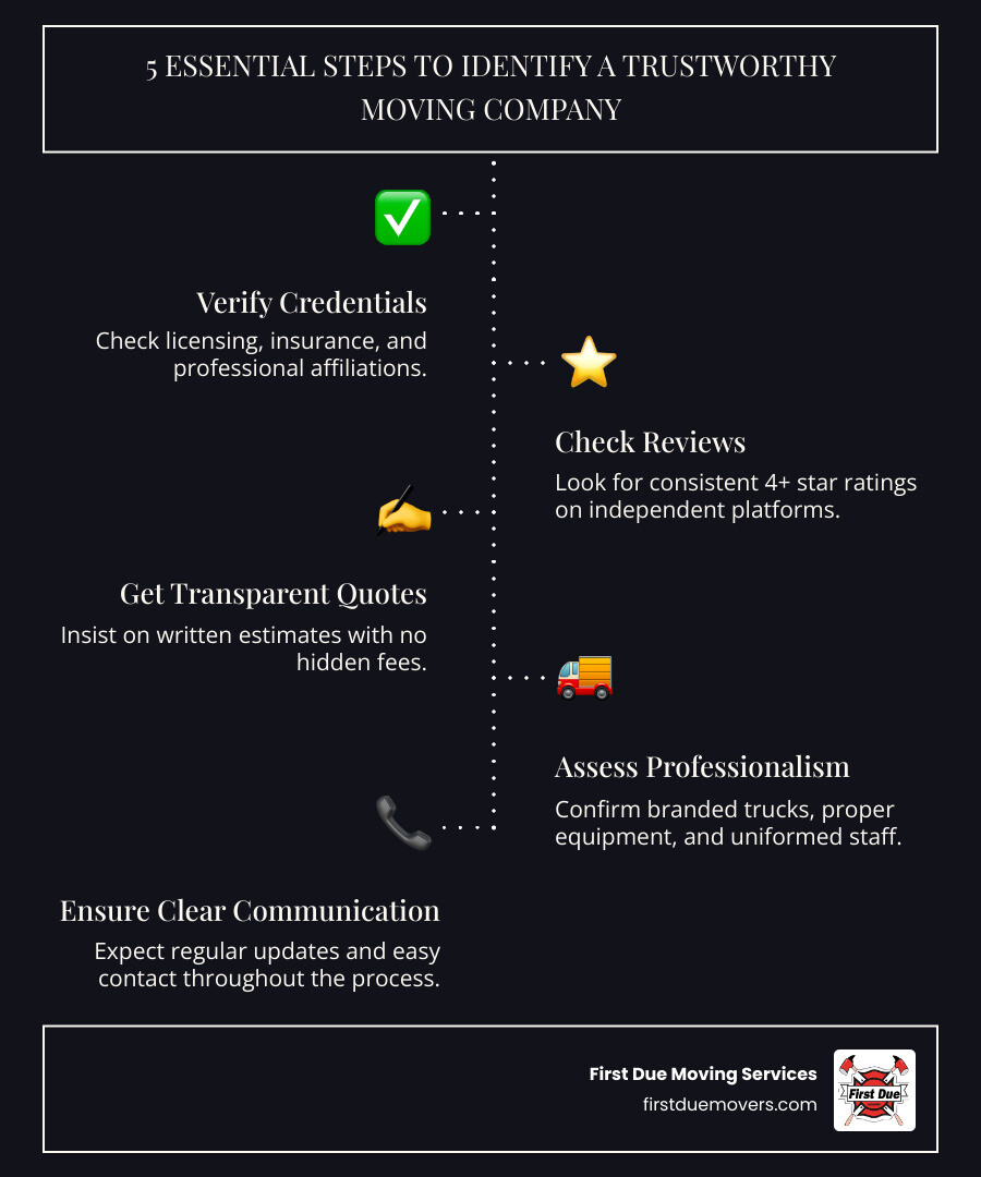 Comprehensive infographic showing the 5 essential steps to identify a trustworthy moving company: 1. Verify licensing and insurance credentials, 2. Check independent review platforms for consistent 4+ star ratings, 3. Get written estimates with transparent pricing, 4. Confirm professional equipment and uniformed staff, 5. Establish clear communication protocols throughout the moving process - trustworthy moving company infographic infographic-line-5-steps-dark