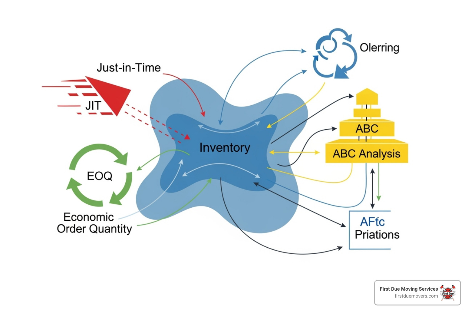 A flowchart illustrating different inventory strategies, including JIT, EOQ, ABC Analysis, and their interconnections - Inventory management services
