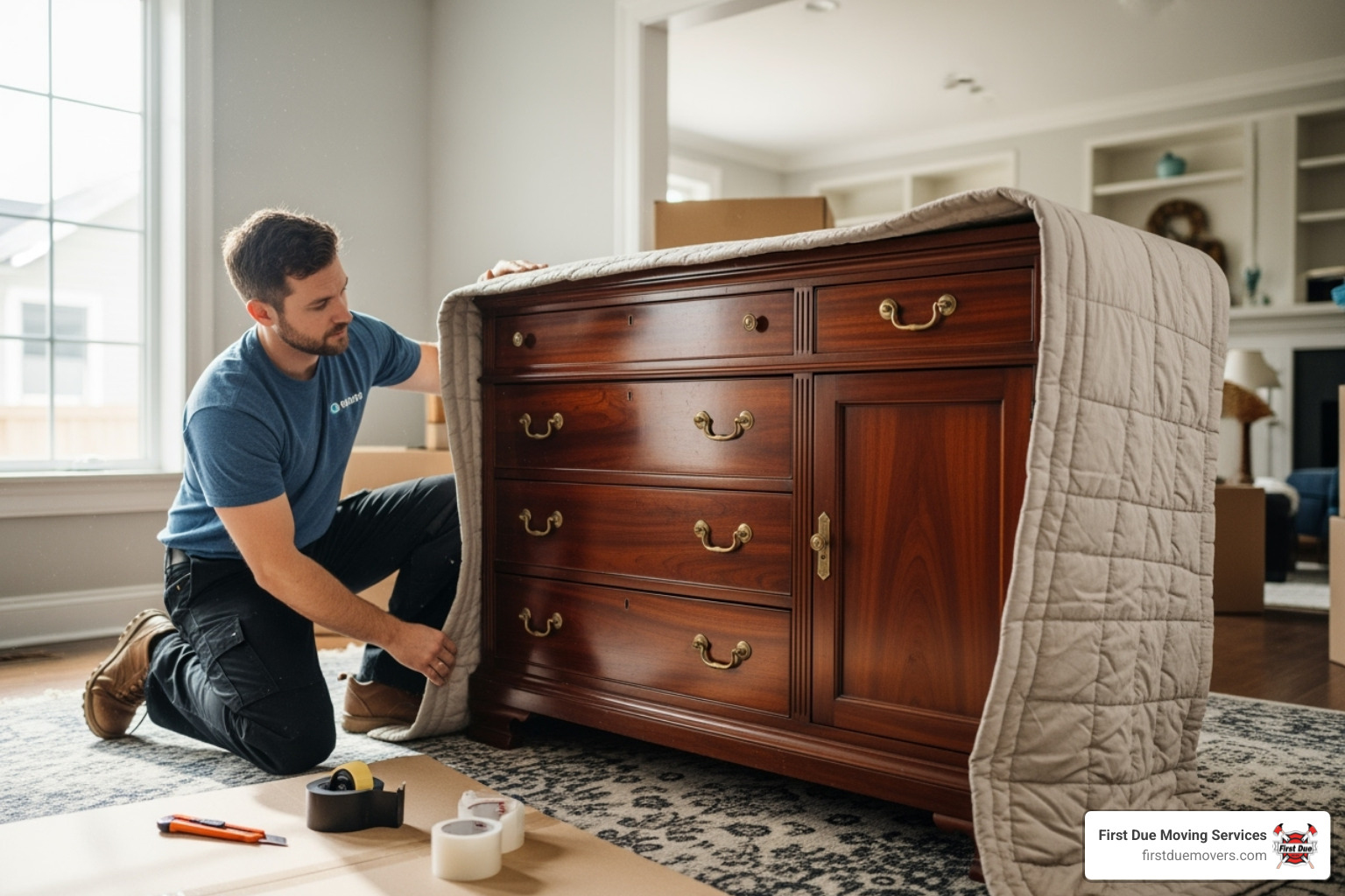 mover wrapping a large piece of furniture in a moving blanket - Long distance movers Kirkland