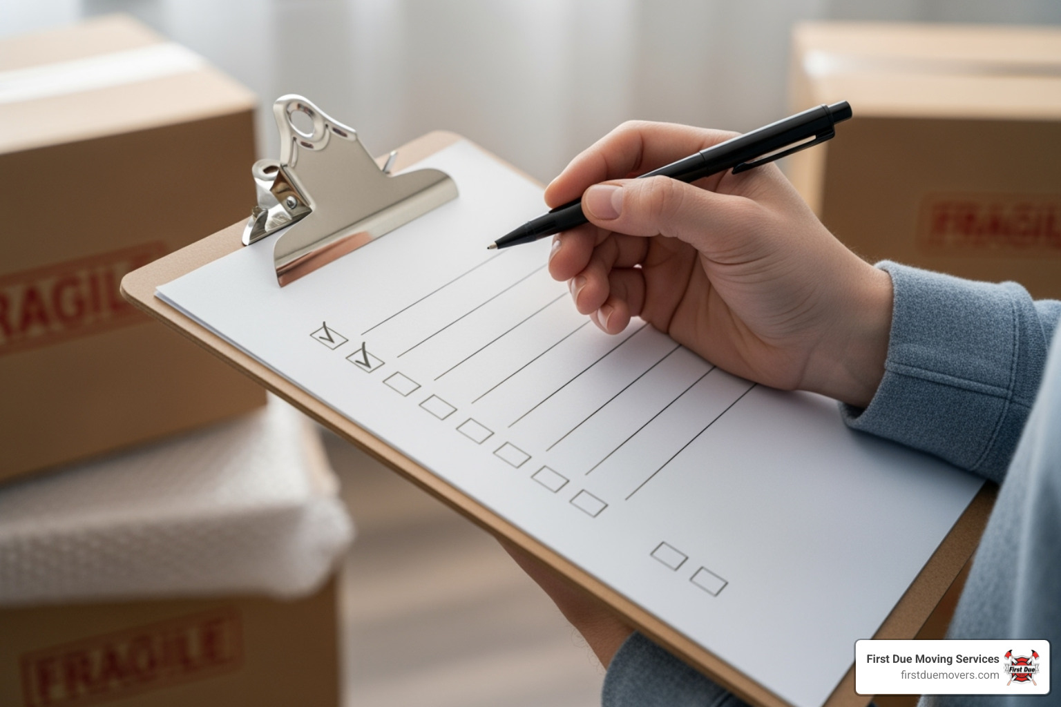 clipboard with a checklist for hiring movers - Spokane local movers