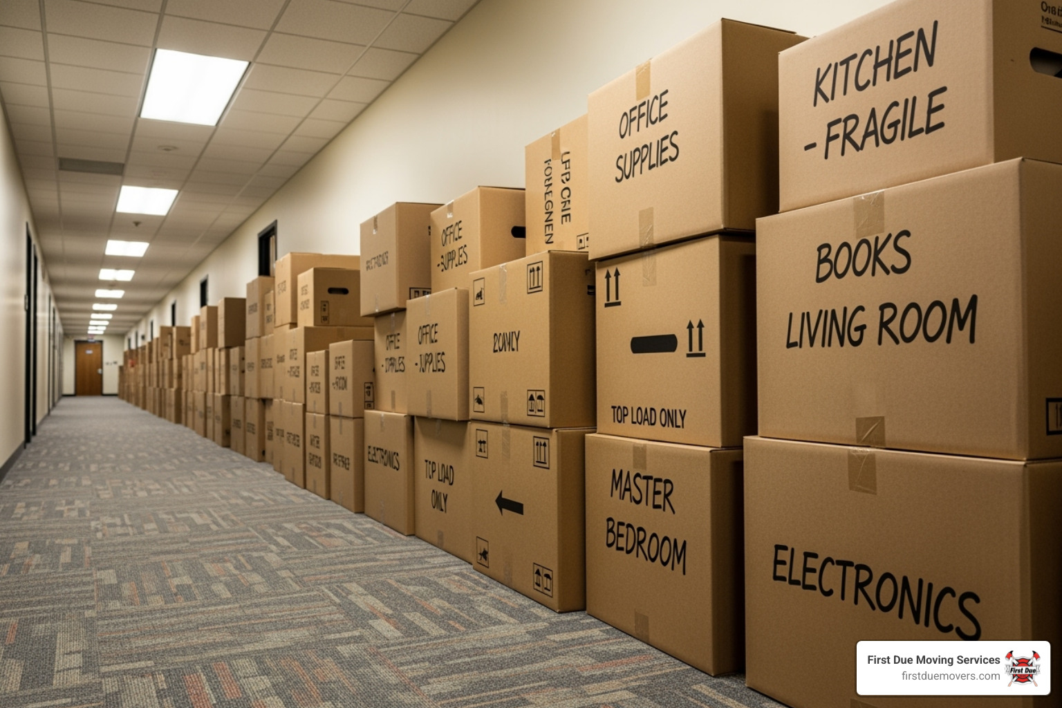 neatly stacked and clearly labeled moving boxes in an office hallway - office movers Renton
