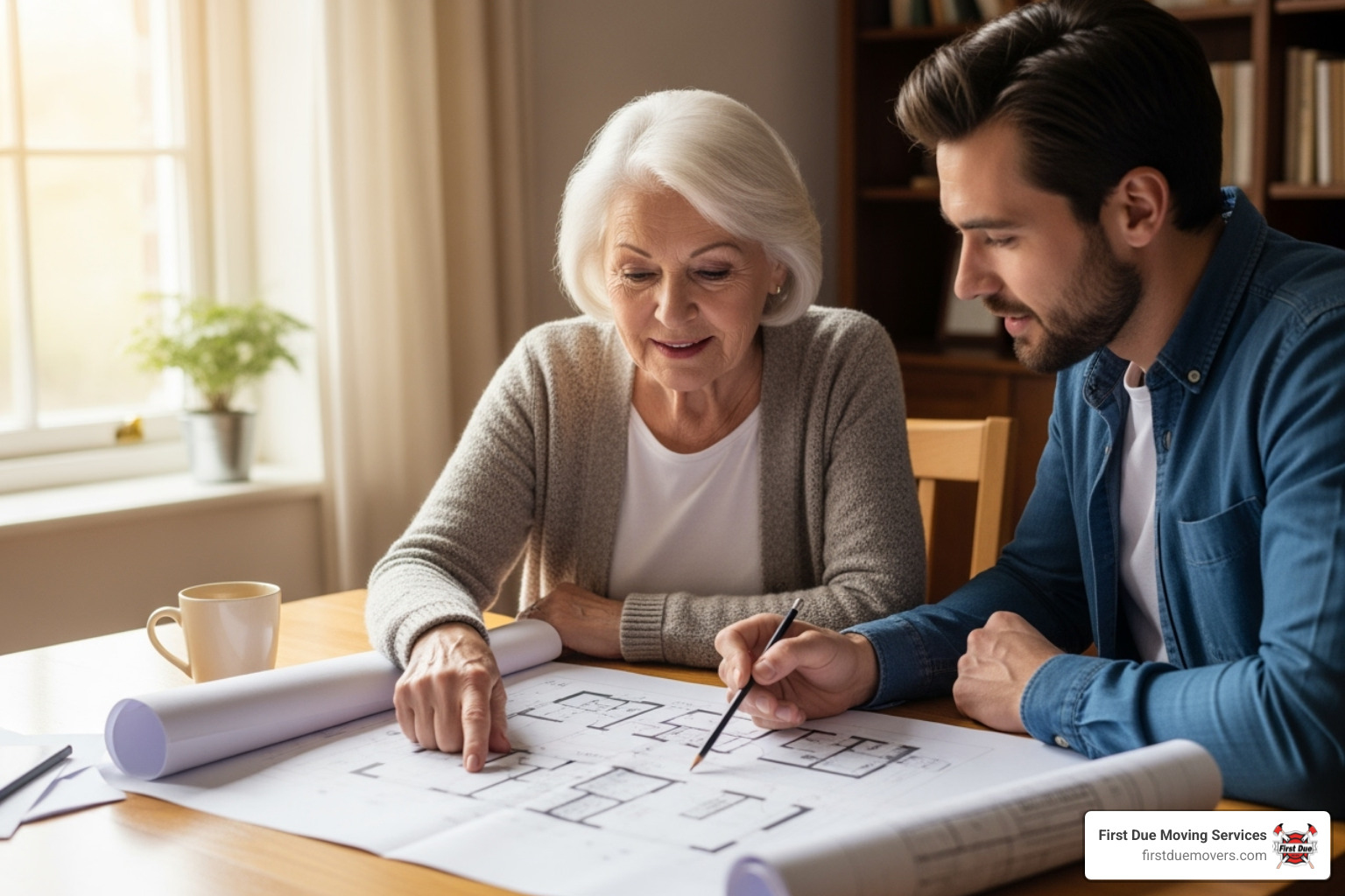 senior looking at a floor plan with a family member - senior moving packing