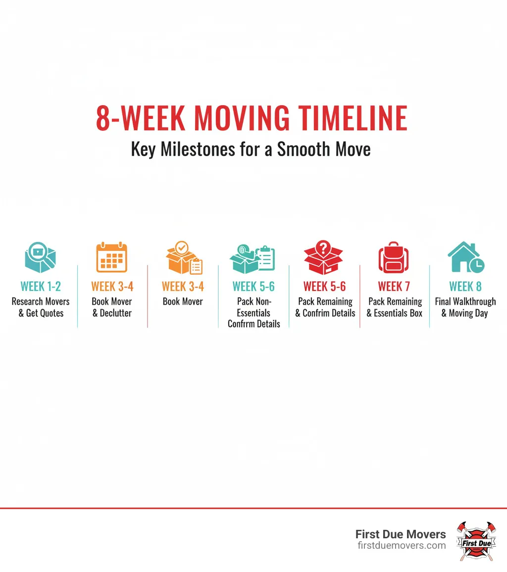 infographic showing 8-week moving timeline with key milestones: Week 1-2 Research movers and get quotes, Week 3-4 Book your mover and start decluttering, Week 5-6 Begin packing non-essentials and confirm details, Week 7 Pack remaining items and prepare essentials box, Week 8 Final walkthrough and moving day - movers infographic