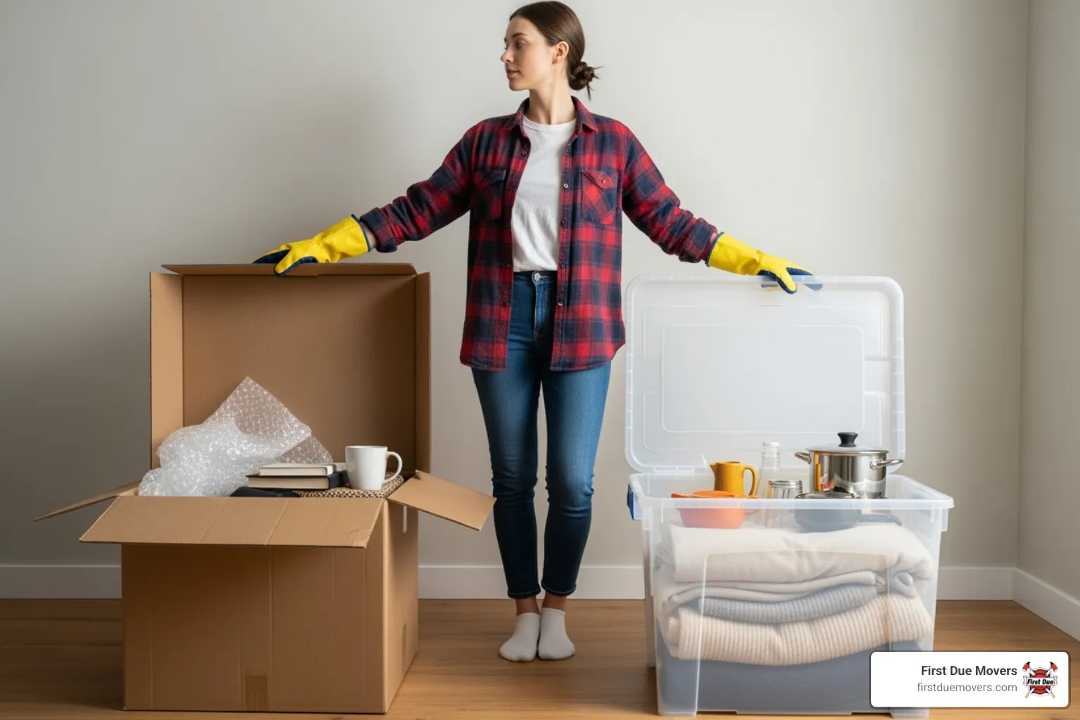 Person comparing cardboard box and plastic moving bin - affordable moving supplies in seattle wa
