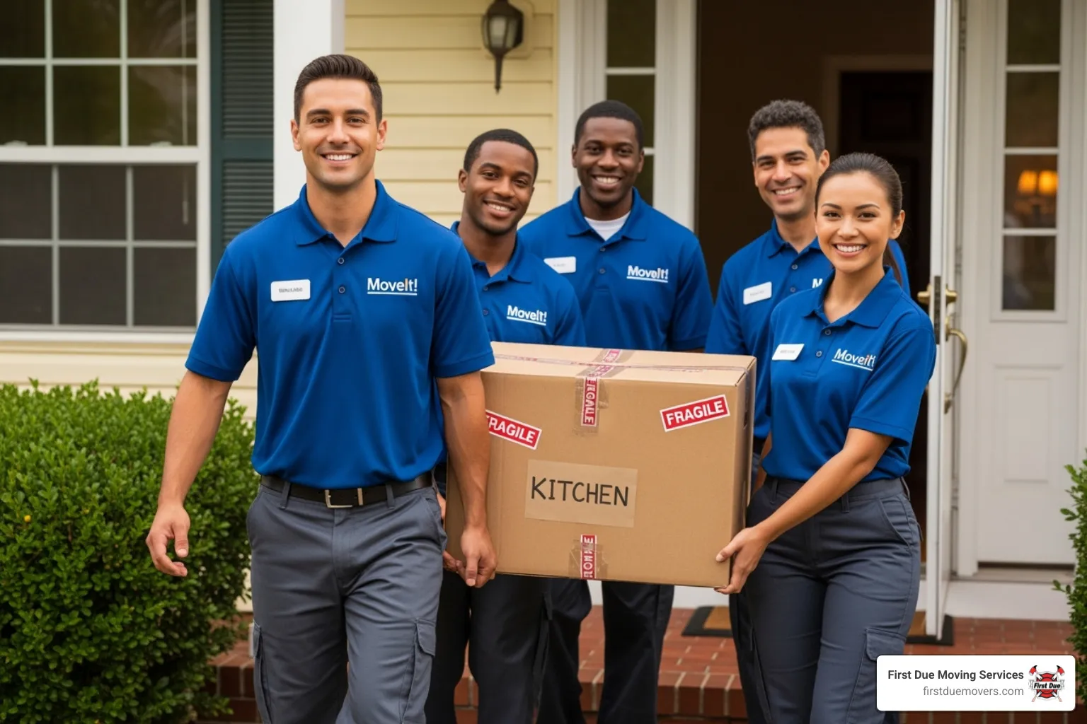Uniformed movers smiling and carrying a box - Spokane moving company