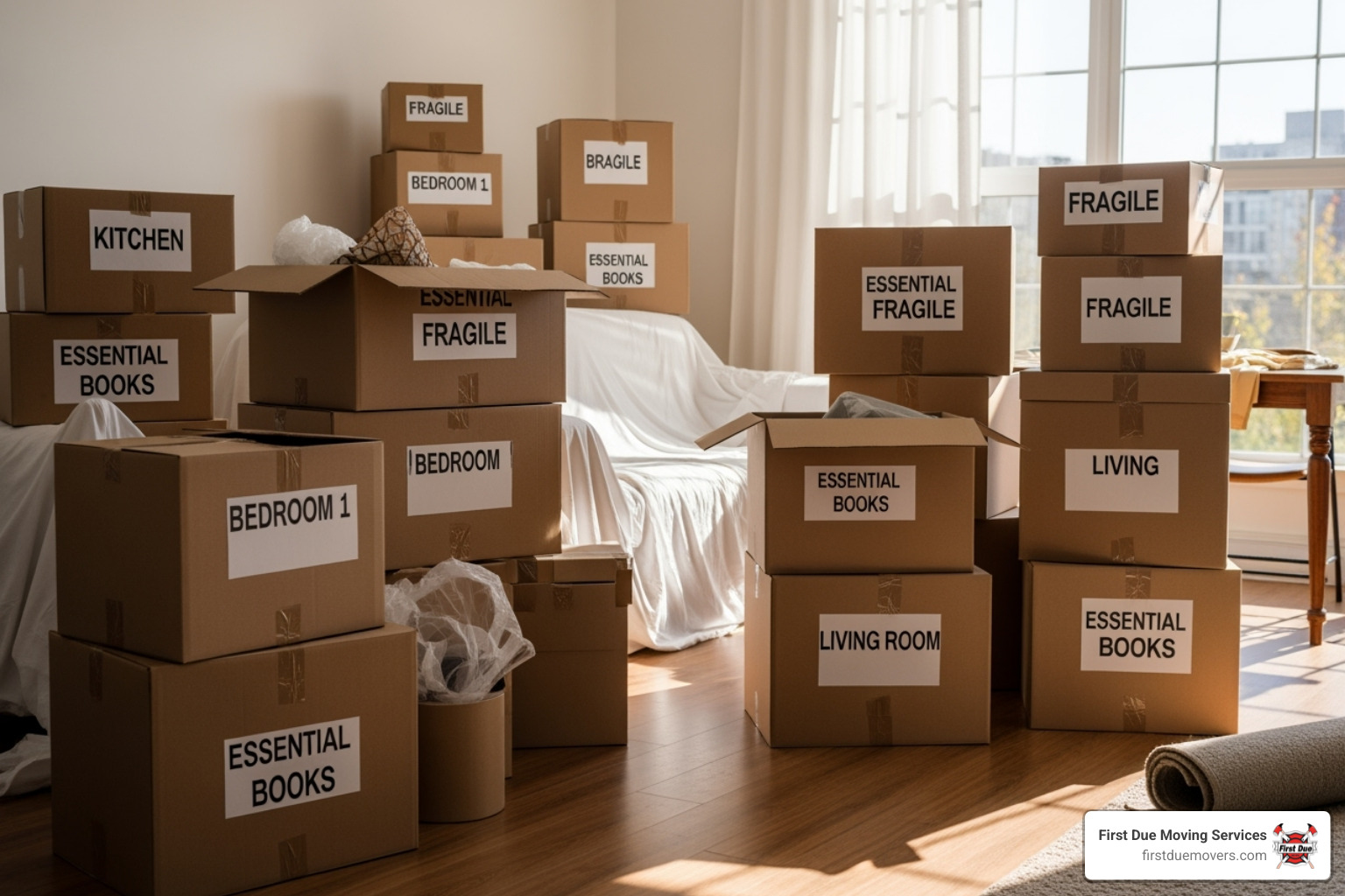 Neatly packed and labeled moving boxes, ready for transport - cross state movers