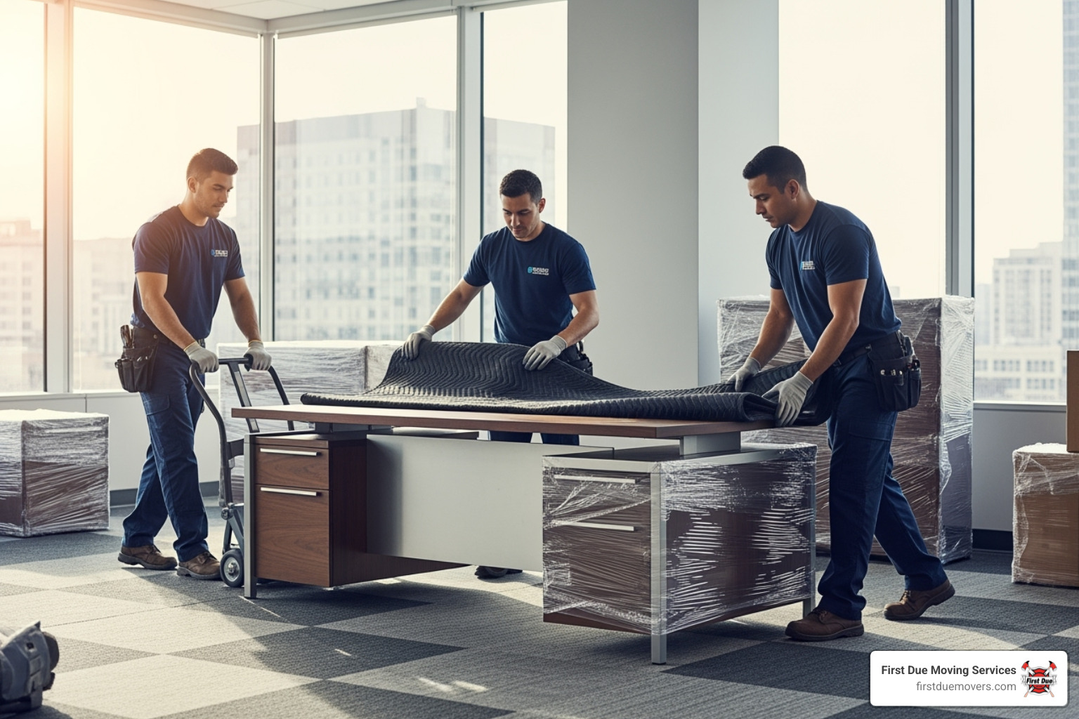 professional movers carefully wrapping and moving a large piece of office furniture - office movers Renton