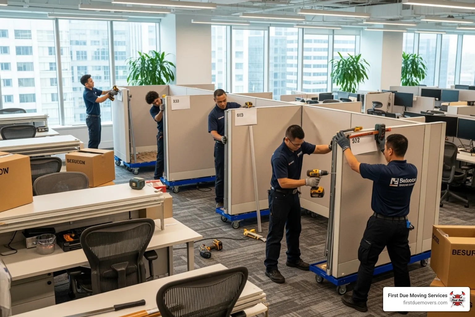 movers disassembling office cubicles systematically - office movers Renton