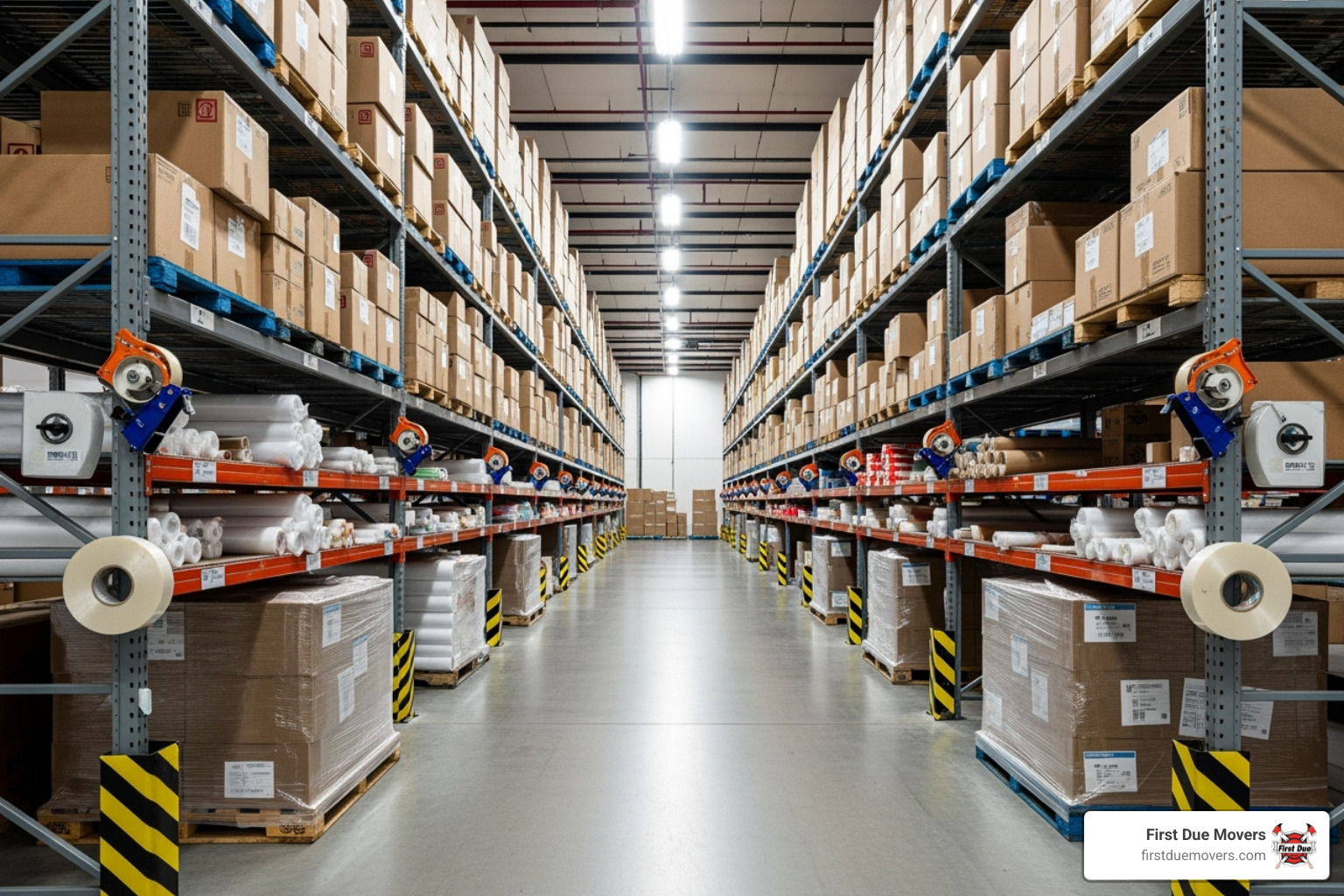 clean, organized warehouse aisle stocked with moving supplies - licensed moving supplies in bellevue wa