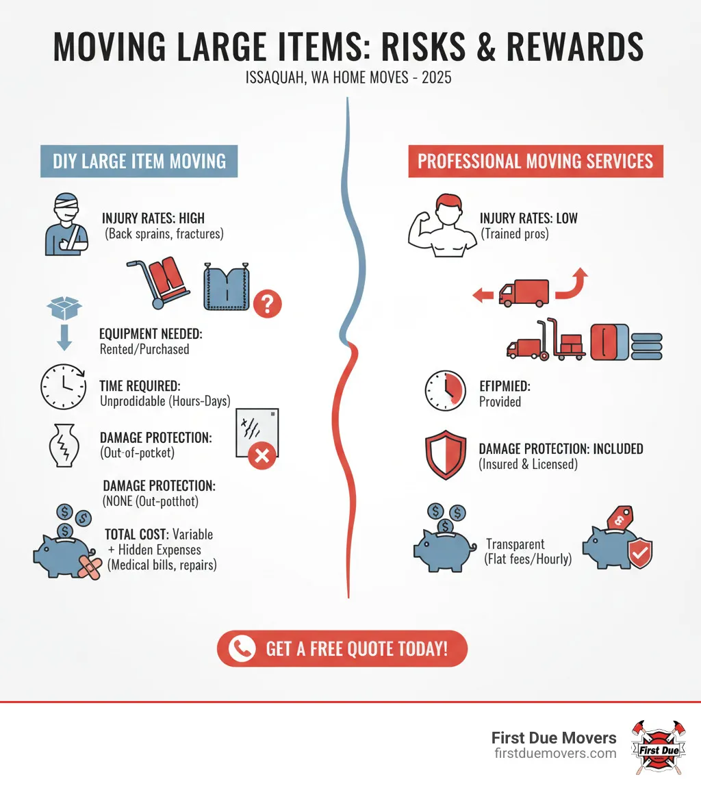 infographic comparing DIY large item moving risks versus professional moving services, showing injury rates, equipment needed, time required, damage protection, and total cost comparison including hidden expenses like medical bills and property repairs - furniture & large item moves for homes in issaquah wa infographic