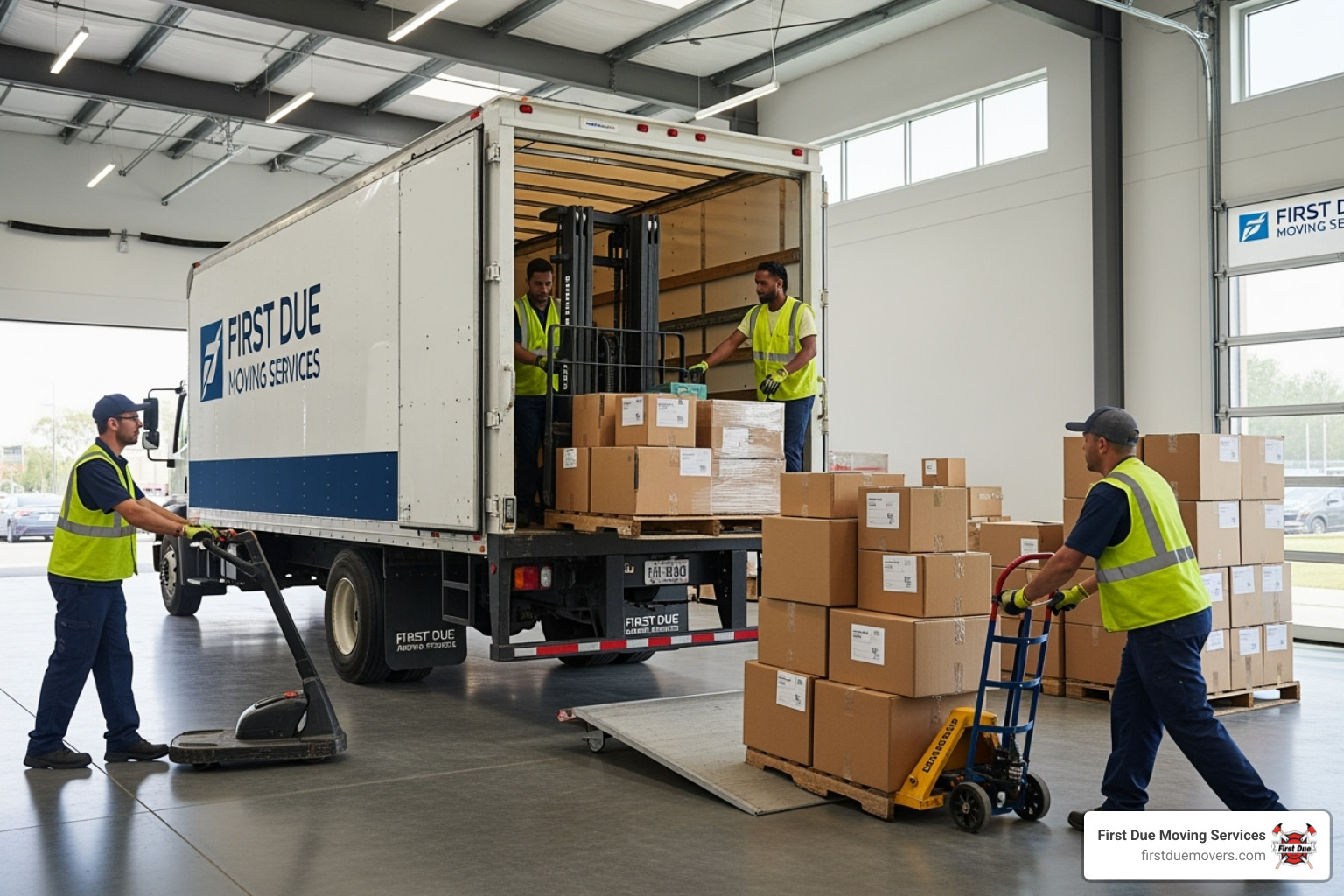A First Due Moving Services truck being loaded at a warehouse facility, symbolizing reliable logistics and inventory support - Inventory management services