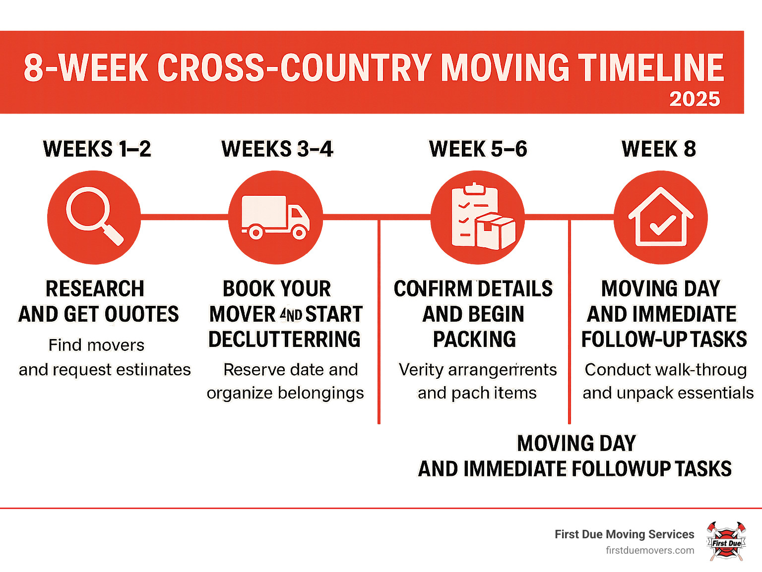 Comprehensive infographic showing the 8-week cross-country moving timeline with key milestones: Week 1-2 Research and get quotes, Week 3-4 Book your mover and start decluttering, Week 5-6 Confirm details and begin packing, Week 7 Final preparations and confirm logistics, Week 8 Moving day and immediate follow-up tasks - cross country movers infographic 