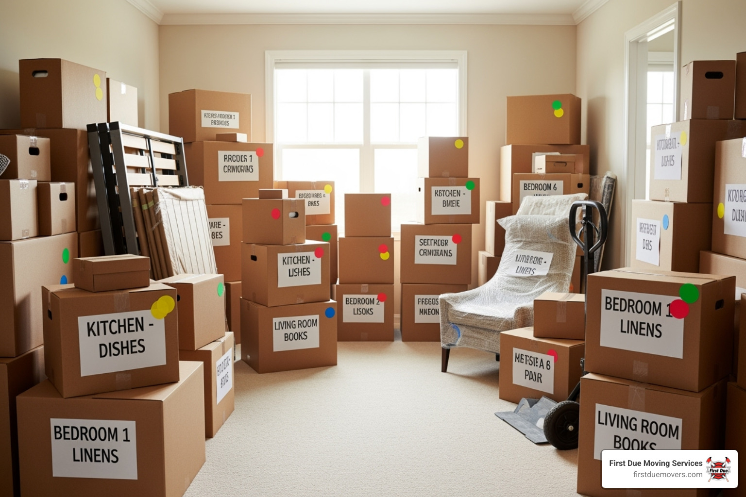 well-organized room with packed and labeled moving boxes - cross country movers