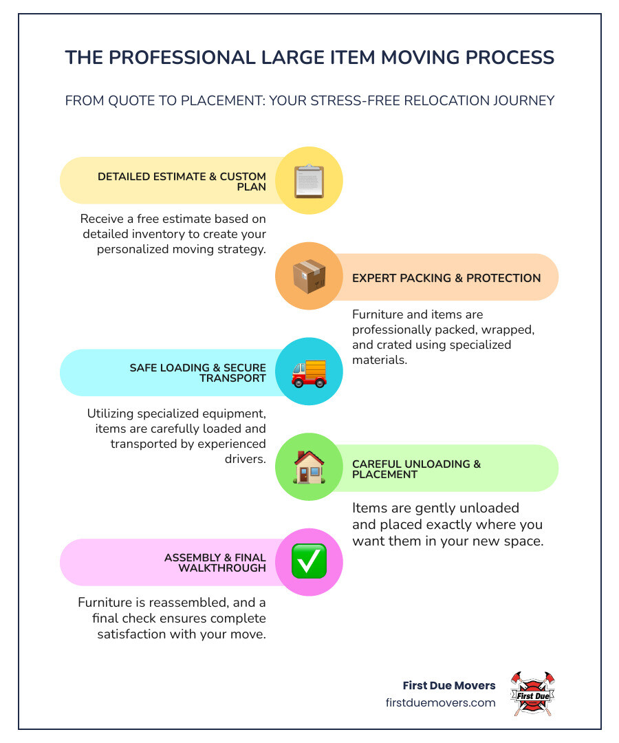 Infographic showing the professional large item moving process: 1. Free in-home or virtual estimate with detailed inventory, 2. Customized moving plan with specialized equipment identified, 3. Professional packing and protection of furniture, 4. Safe loading using proper techniques and materials, 5. Secure transport with experienced drivers, 6. Careful unloading and placement in your new space, 7. Assembly and final walkthrough to ensure satisfaction - best rated furniture & large item moves in preston wa infographic infographic-line-5-steps-colors